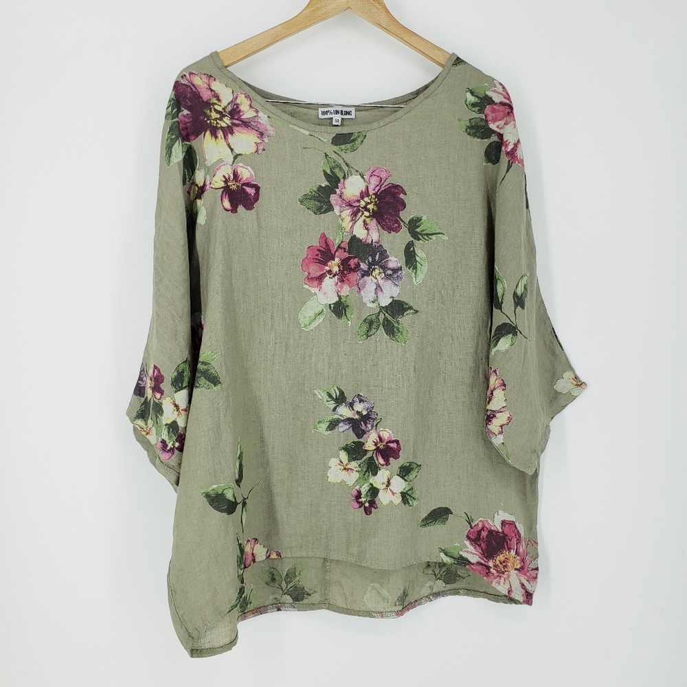 100% Lin Blanc Floral 100% Linen Lagenlook Top XL